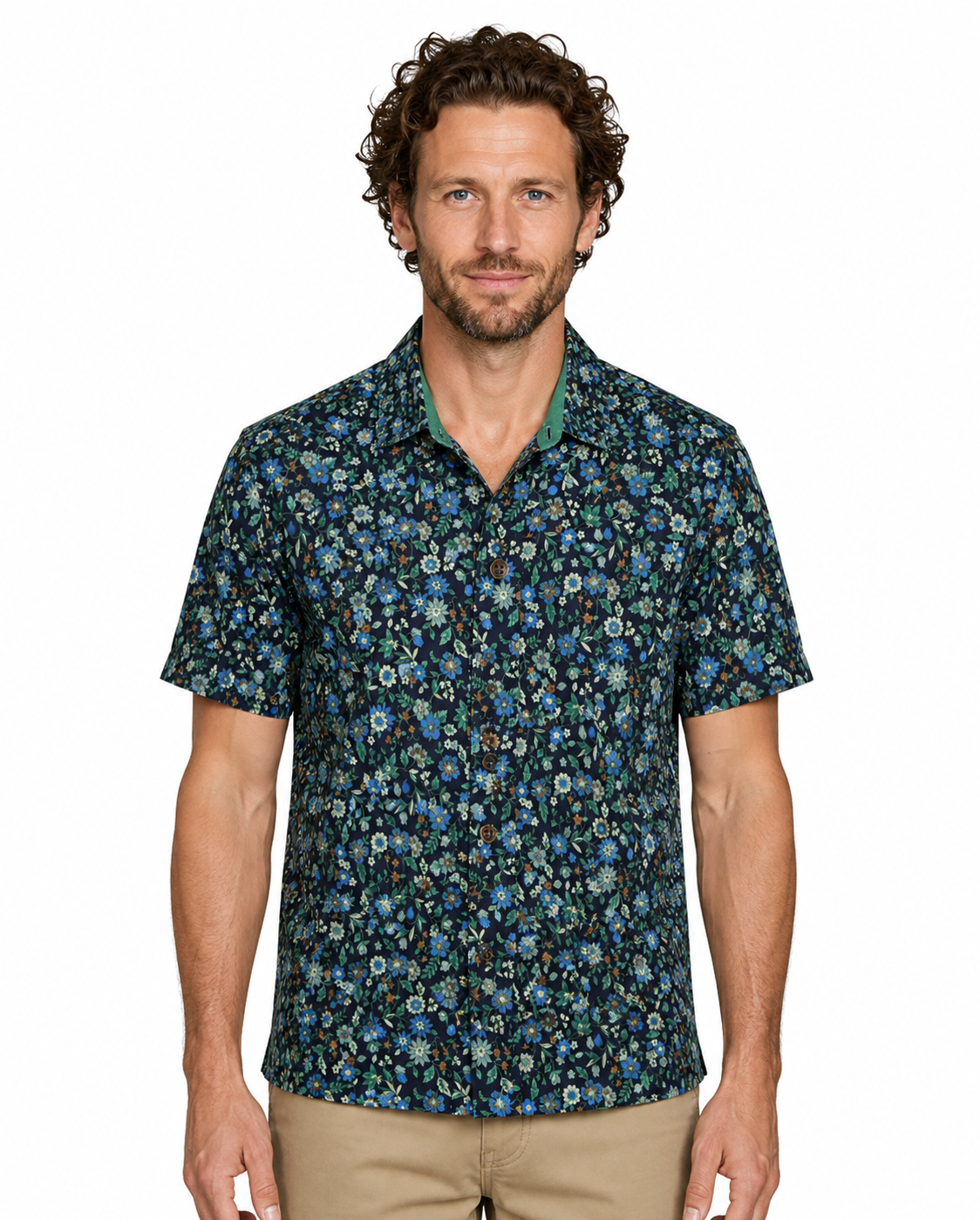 Chemise à manches courtes à motif floral Turin en bleu marine et vert émeraude