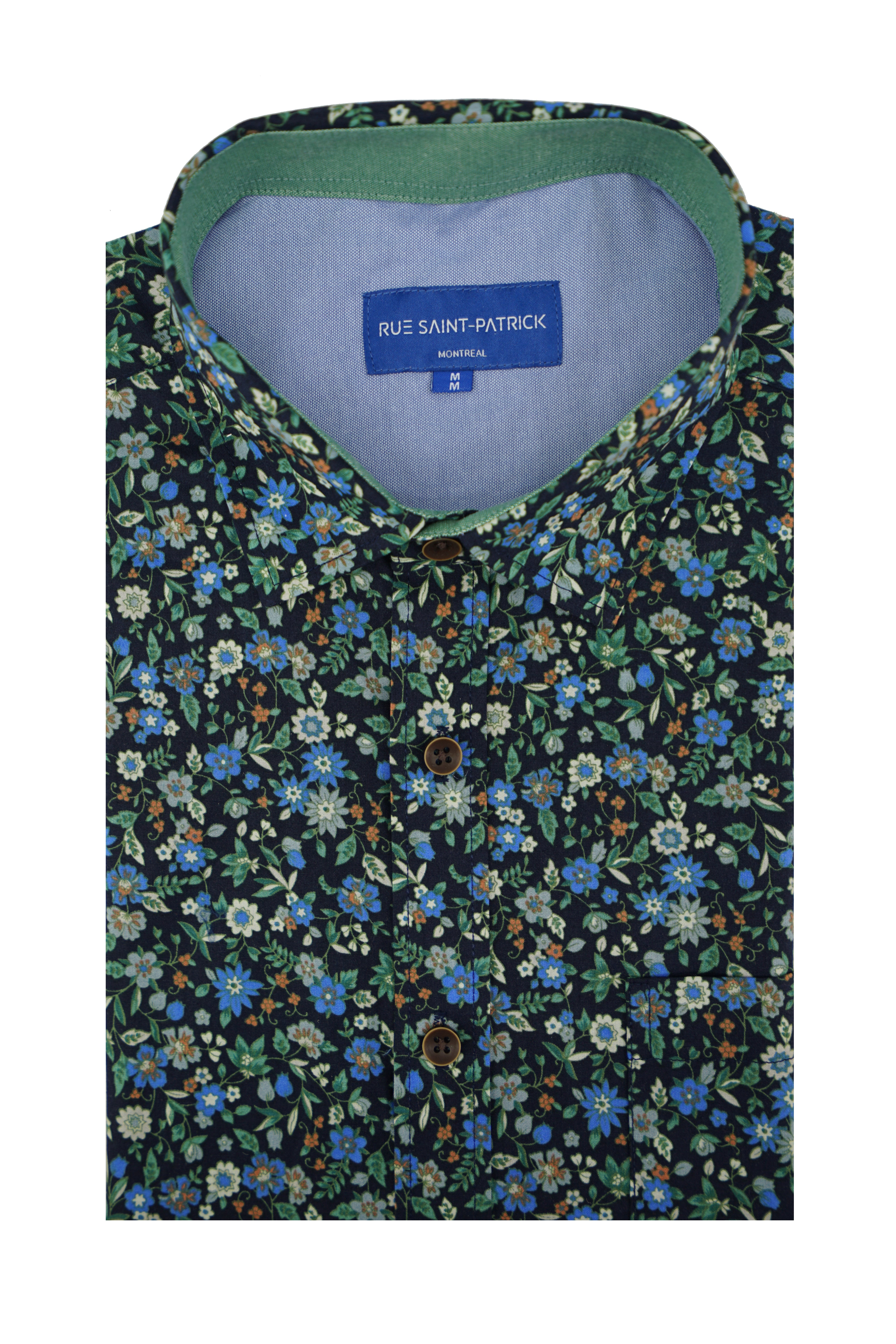 Chemise à manches courtes à motif floral Turin en bleu marine et vert émeraude