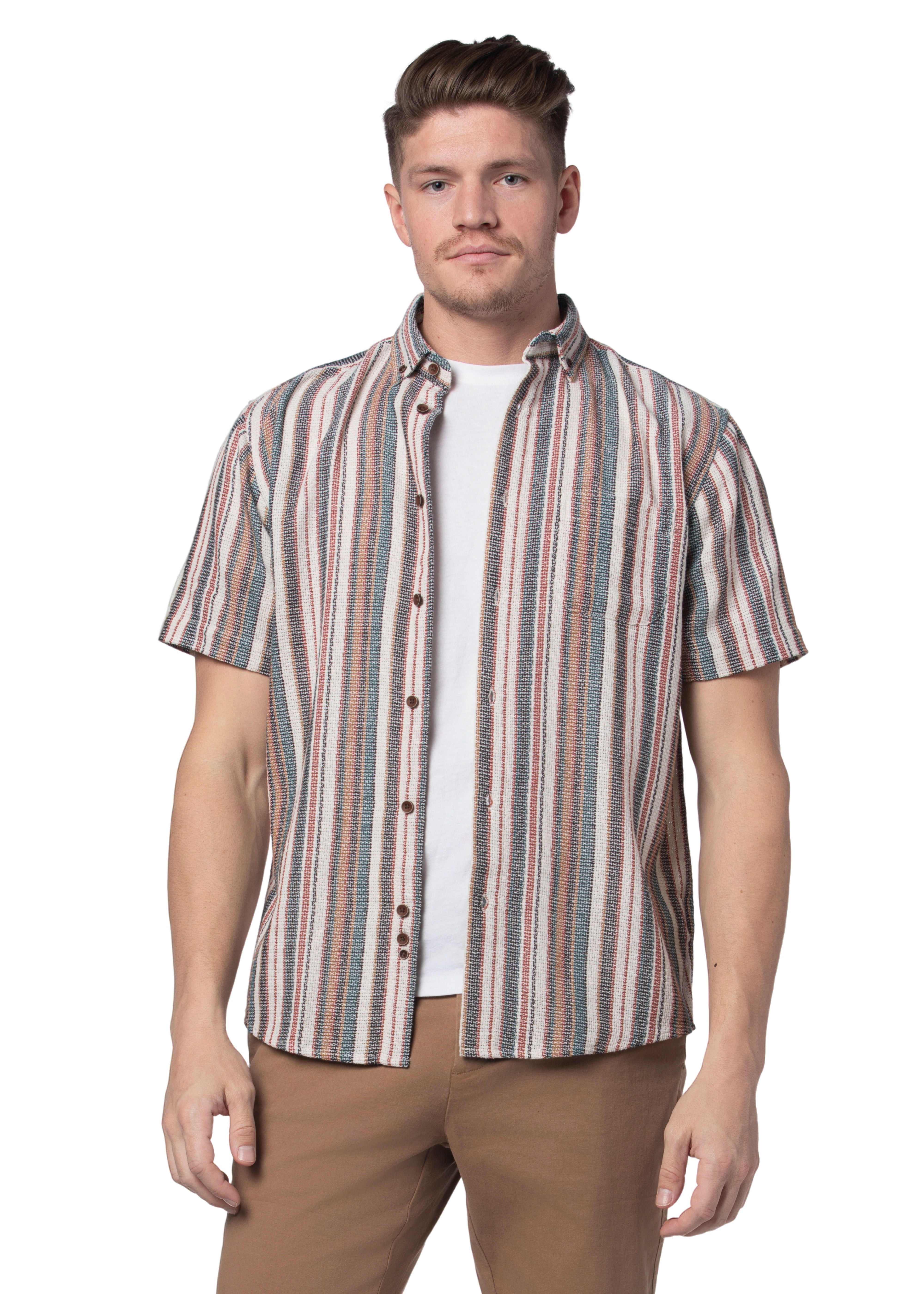 Dallas Open Weave Short Sleeve Shirt in Off White and Blue