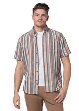 Dallas Open Weave Short Sleeve Shirt in Off White and Blue