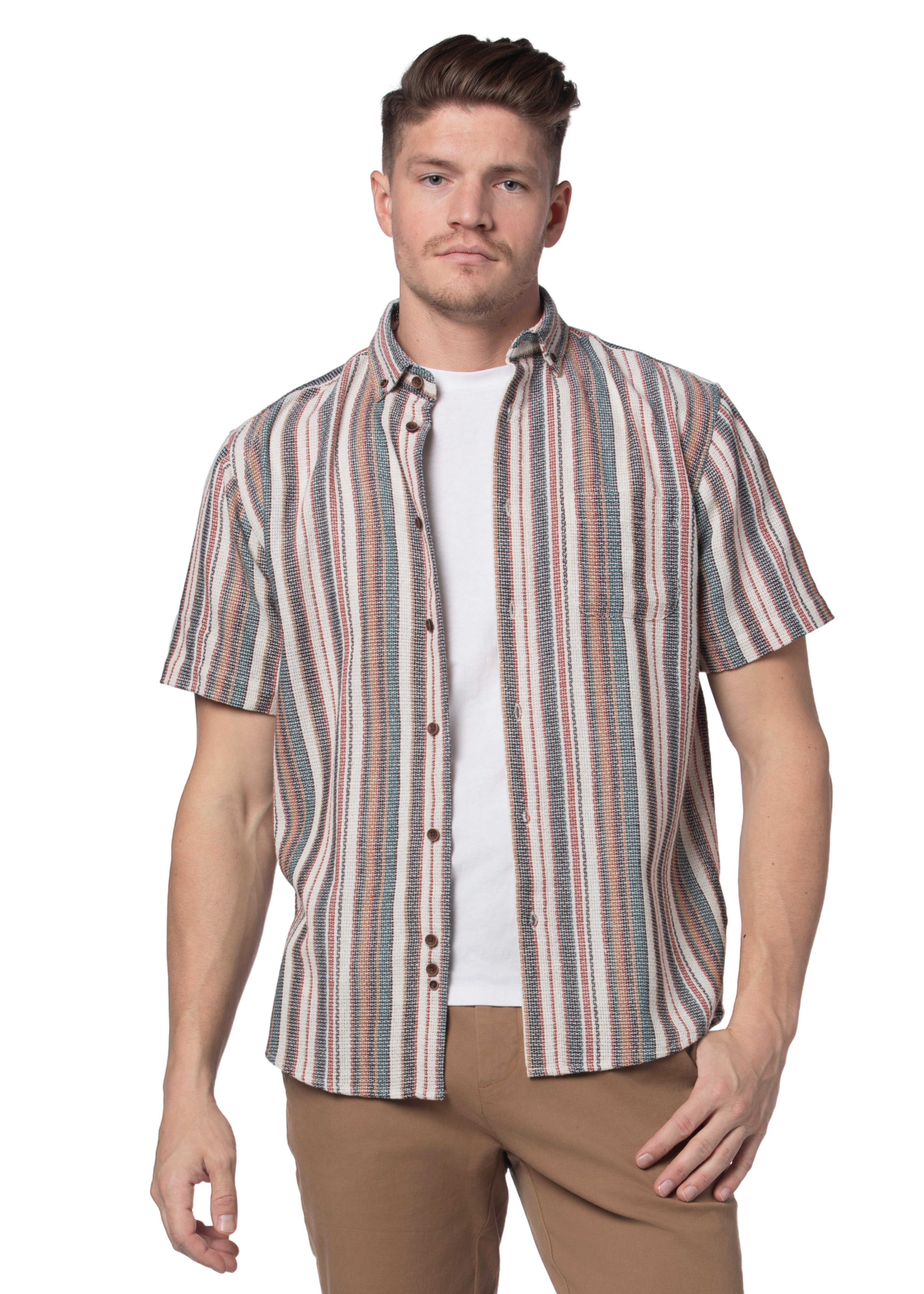 Dallas Open Weave Short Sleeve Shirt in Off White and Blue