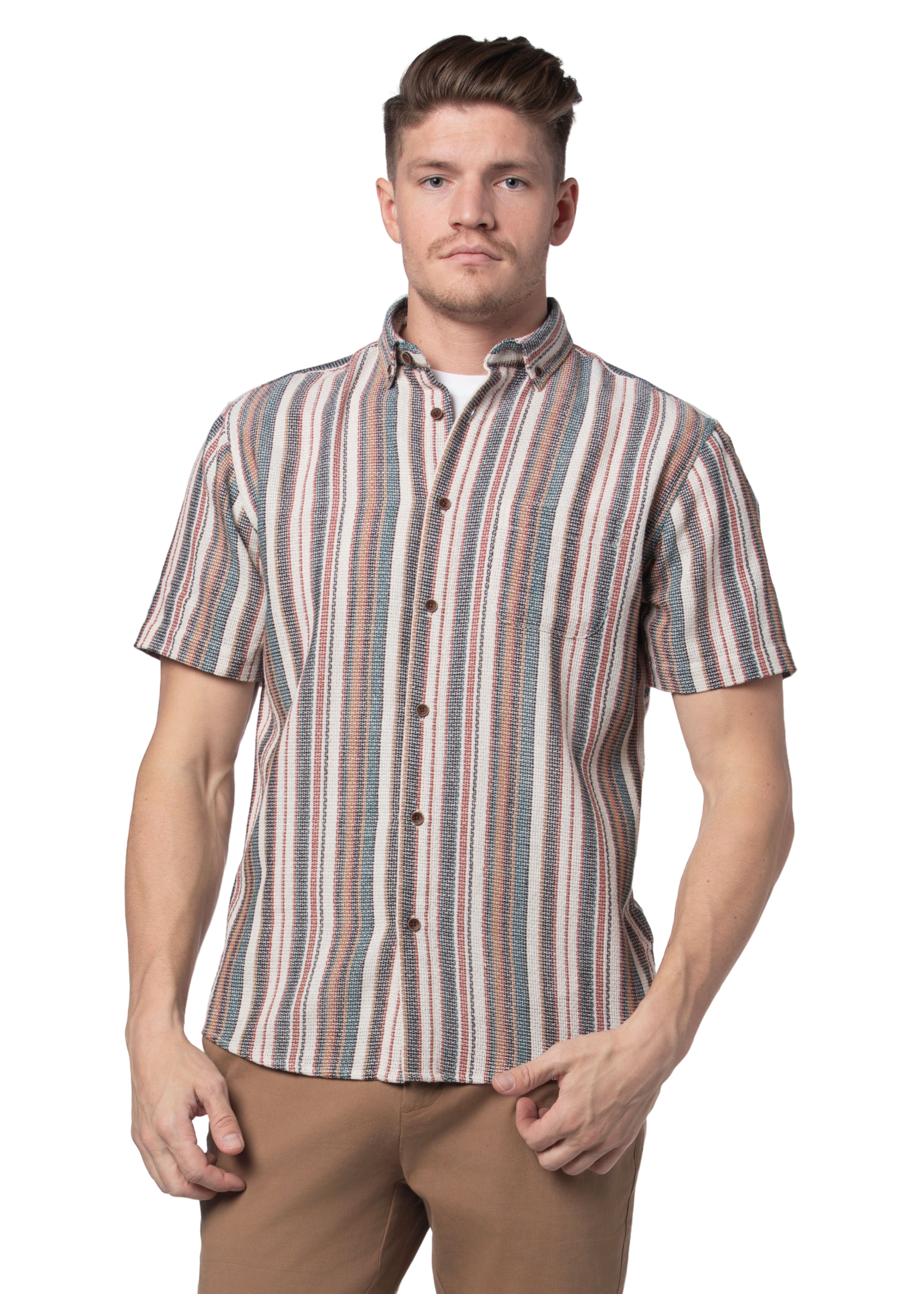 Dallas Open Weave Short Sleeve Shirt in Off White and Blue