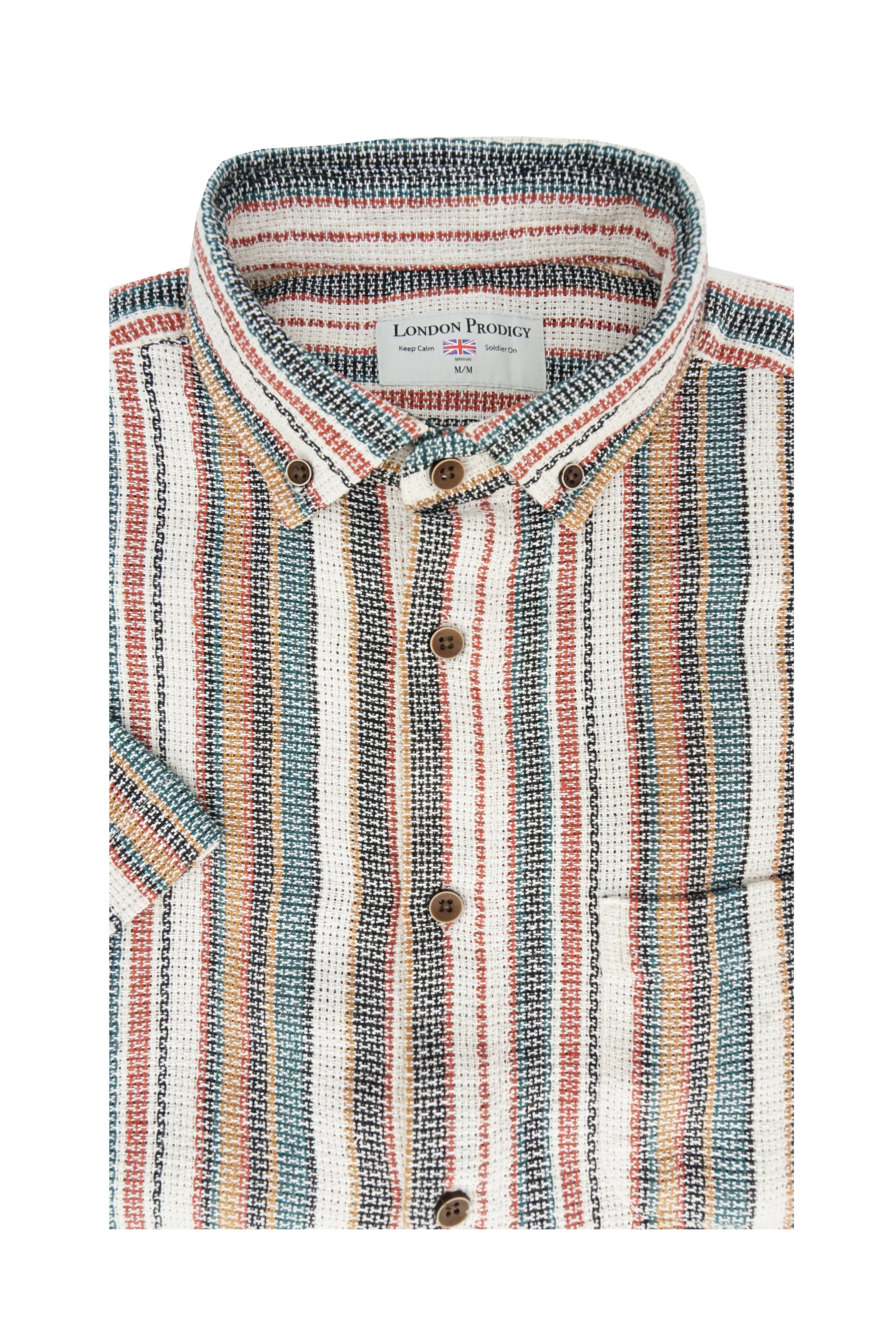 Dallas Open Weave Short Sleeve Shirt in Off White and Blue