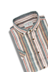 Dallas Open Weave Short Sleeve Shirt in Off White and Blue