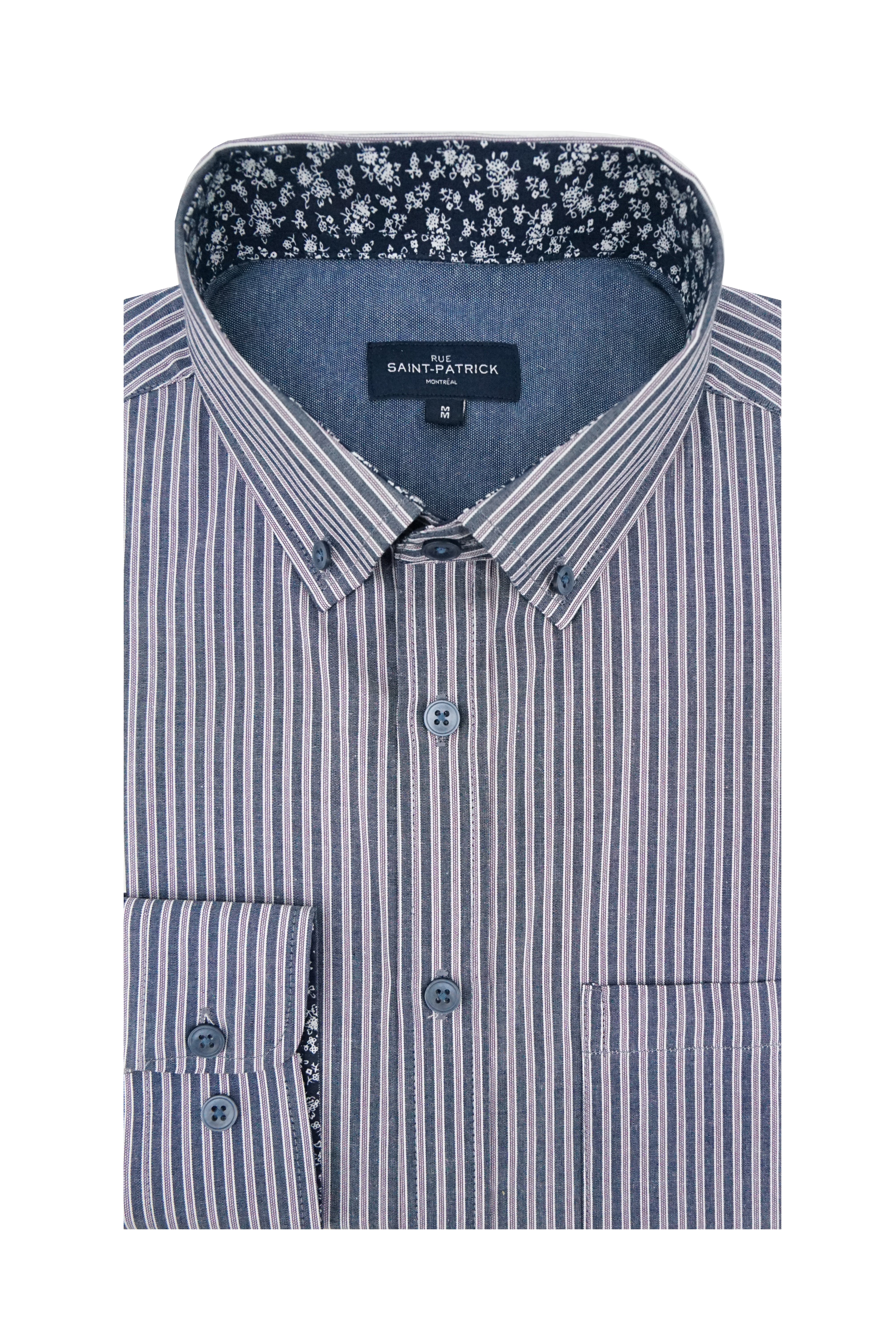 Pelletier Striped Poplin Shirt in Dark Indigo and Mauve