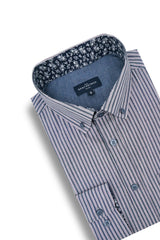 Pelletier Striped Poplin Shirt in Dark Indigo and Mauve