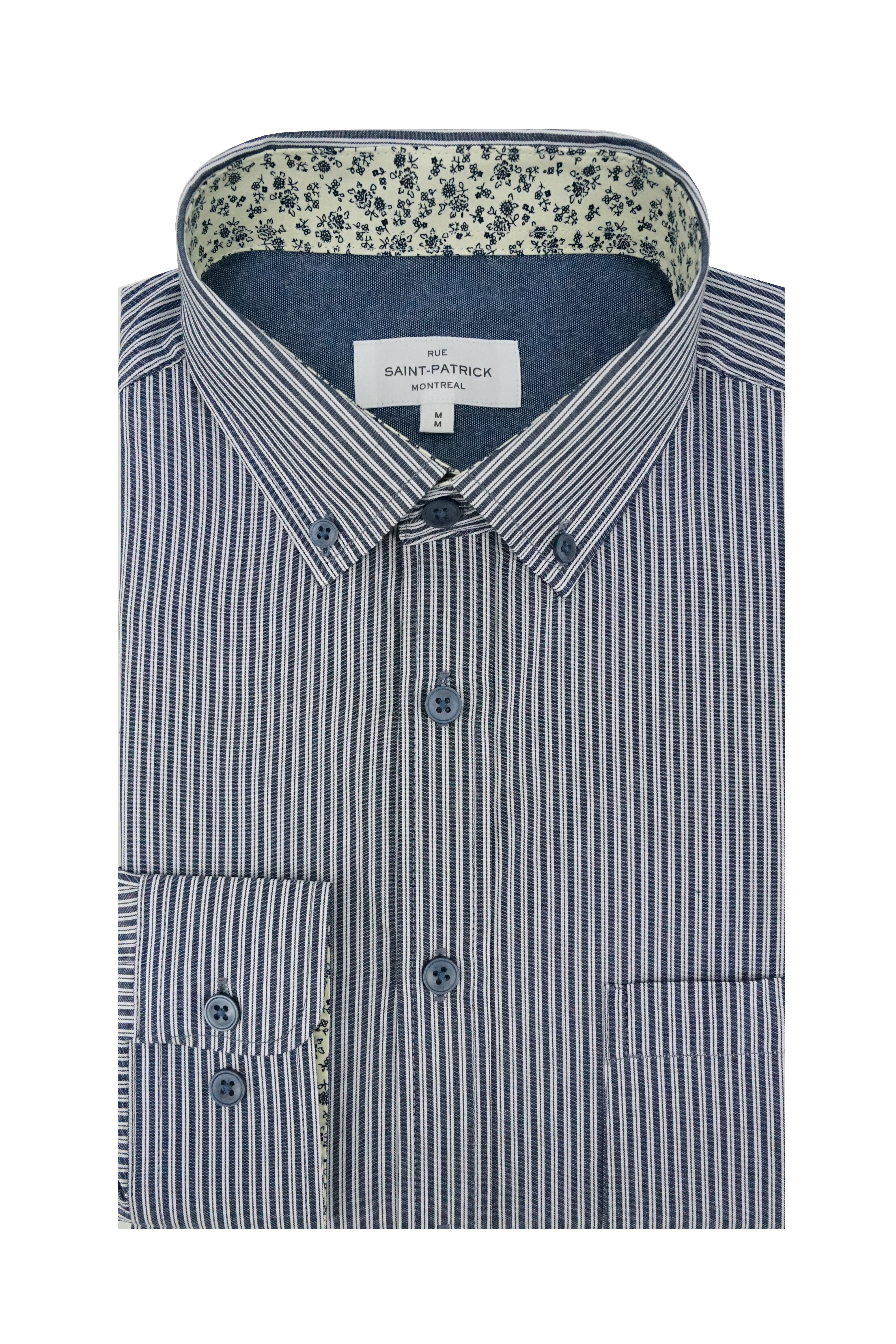 Comtois Striped Poplin Shirt in Silver and Dark Indigo