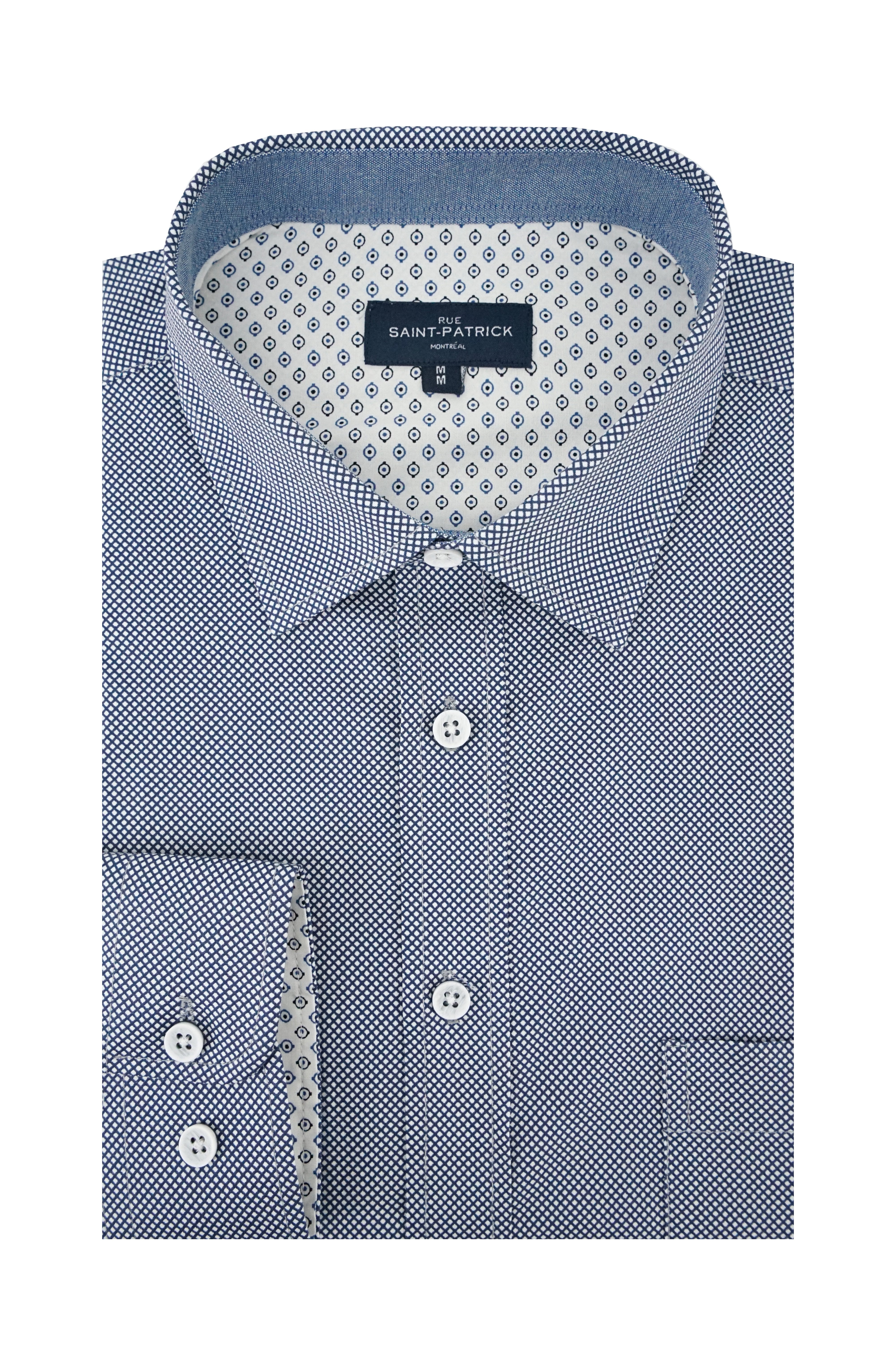 Tramore Printed Stretch Poplin Shirt in Navy and White