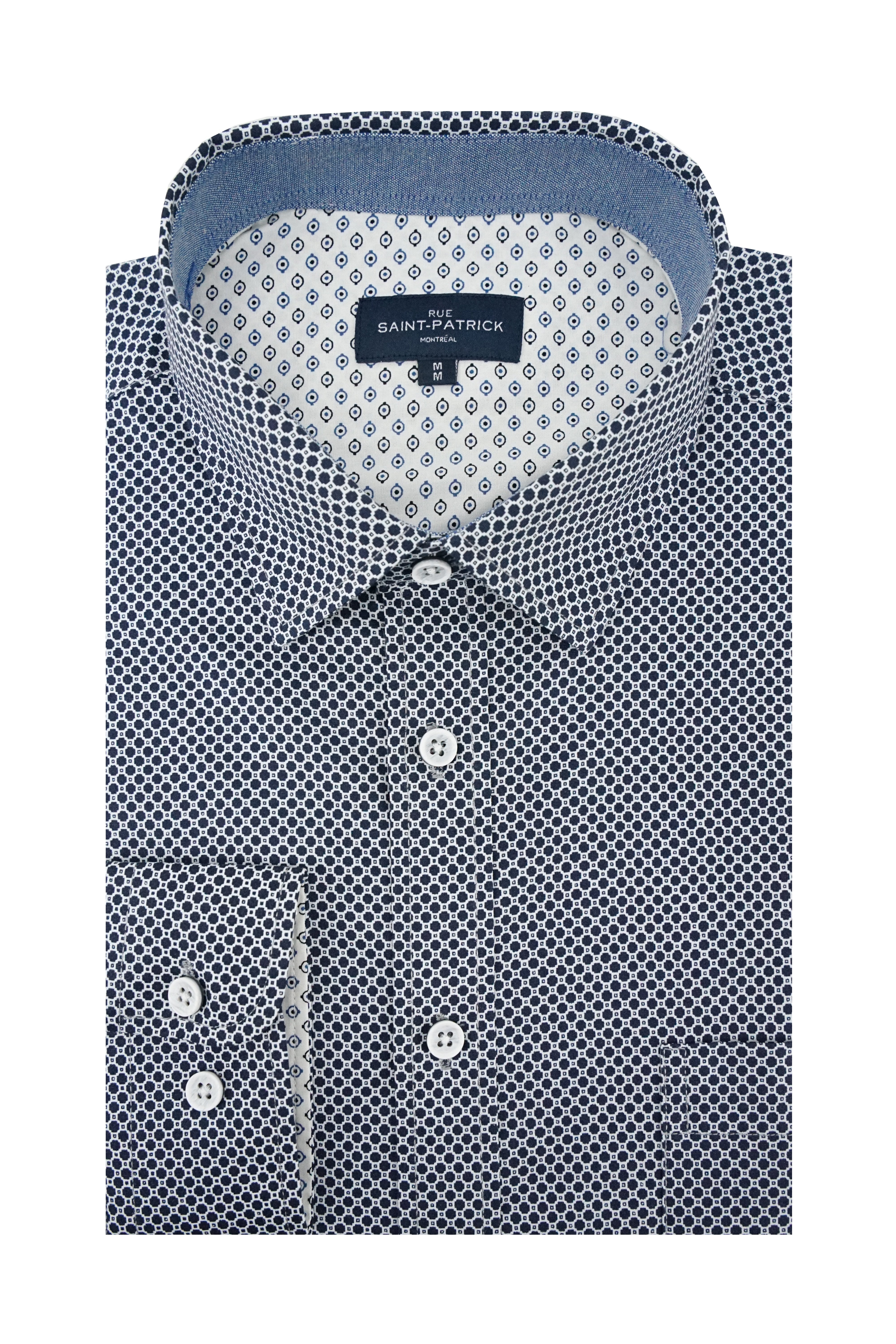 Ballycastle Printed Stretch Poplin Shirt in Navy and White
