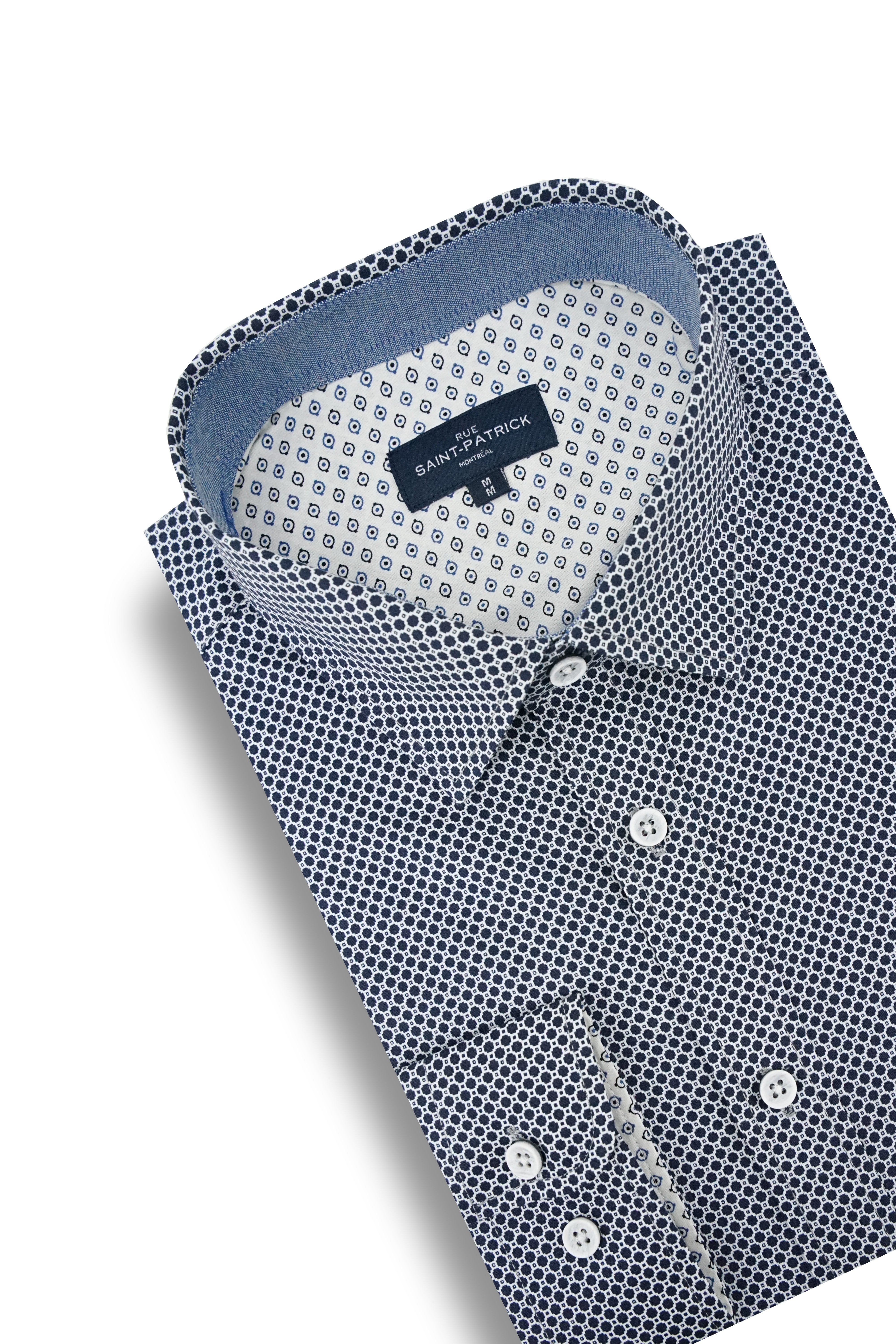 Ballycastle Printed Stretch Poplin Shirt in Navy and White