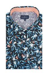 Chemise à manches courtes à motif floral Montego en noir et bleu corail