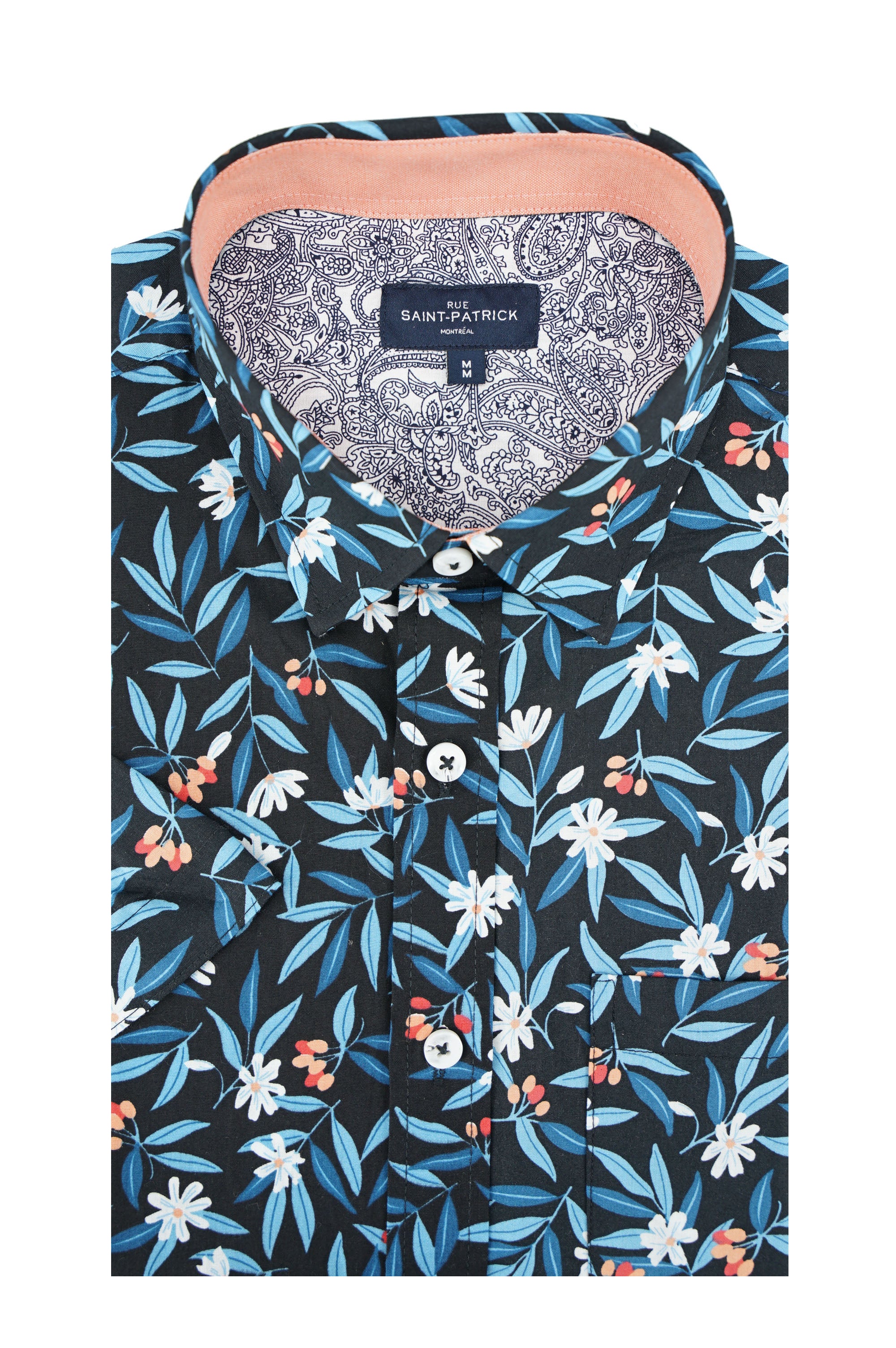 Chemise à manches courtes à motif floral Montego en noir et bleu corail