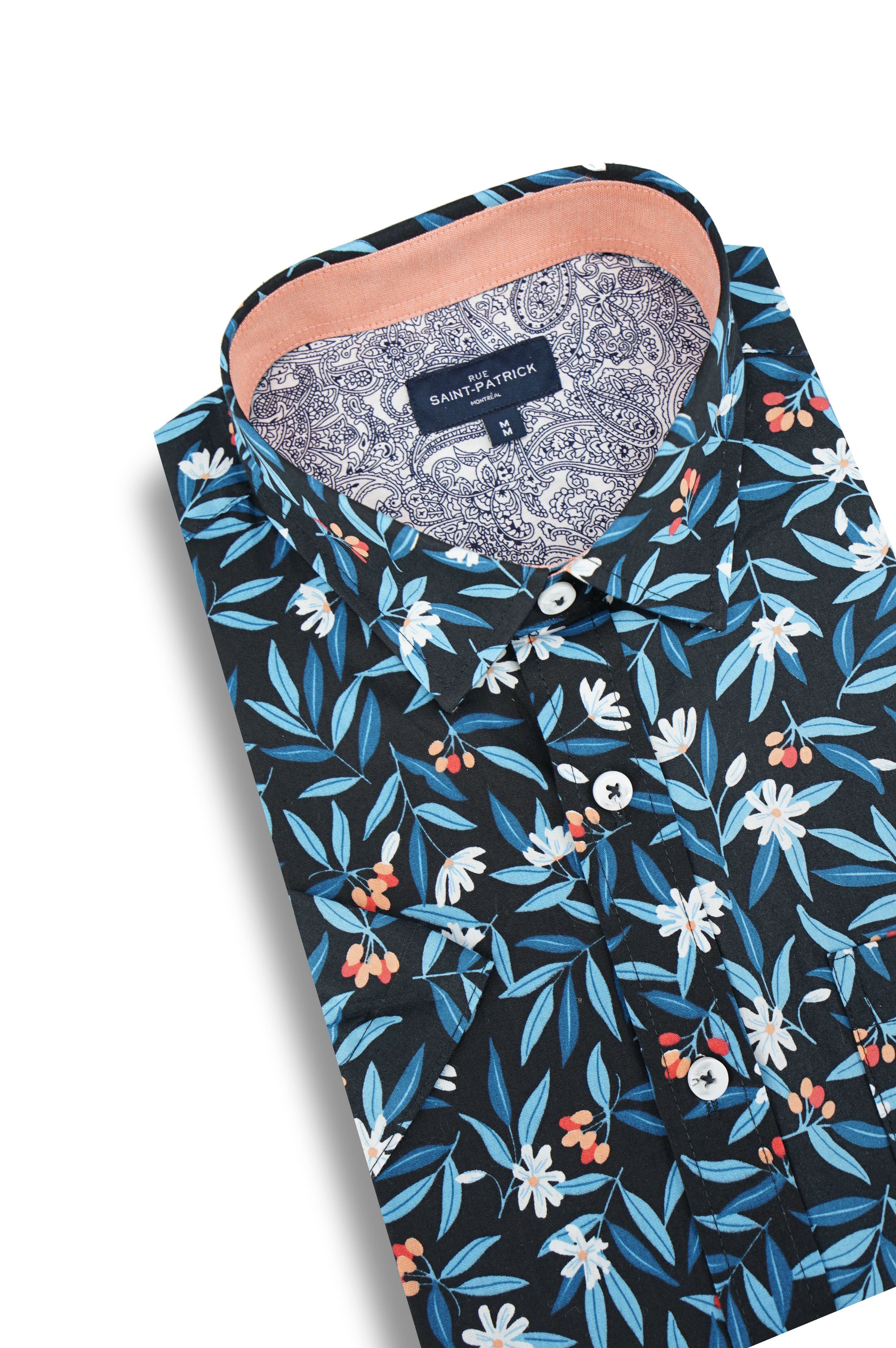 Chemise à manches courtes à motif floral Montego en noir et bleu corail