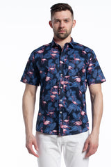 Chemise à manches courtes Flamingo de Guadeloupe en bleu marine et rose