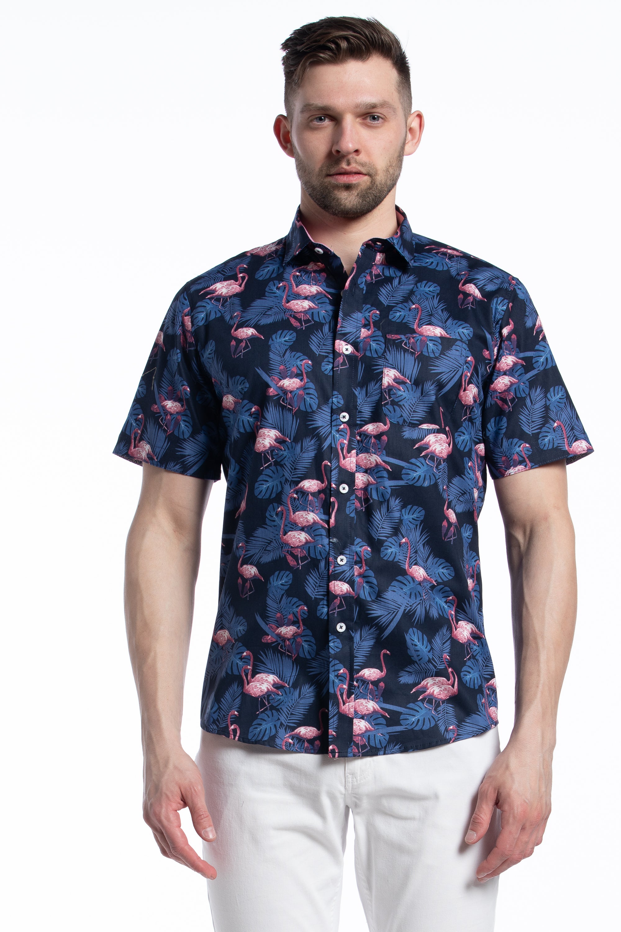 Chemise à manches courtes Flamingo de Guadeloupe en bleu marine et rose
