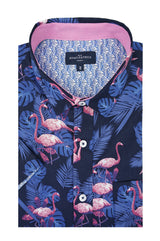 Chemise à manches courtes Flamingo de Guadeloupe en bleu marine et rose