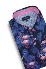 Chemise à manches courtes Flamingo de Guadeloupe en bleu marine et rose