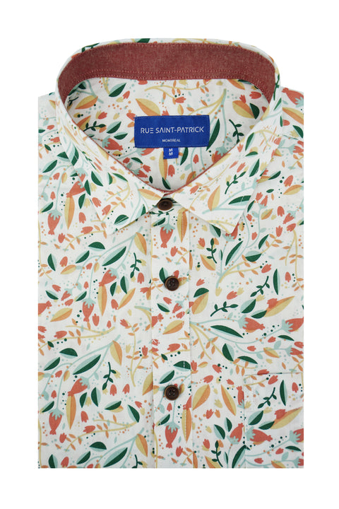 Cagliari Floral Short Sleeve Shirt in White and Jade Green