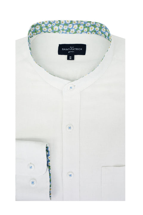 Ithaca Linen Blend Shirt with a Mandarin Collar in White