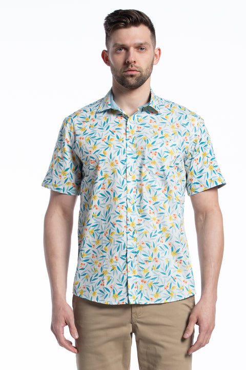 Bali Floral Short Sleeve Shirt in White Teal and Coral