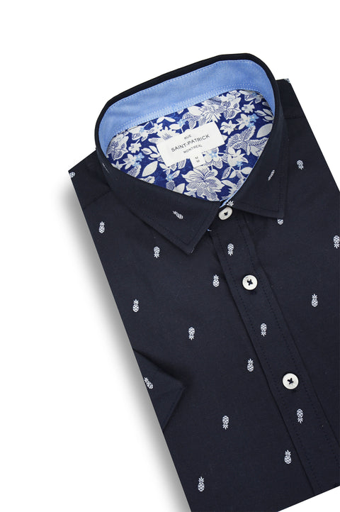 Valencia Easy-Care Short Sleeve Shirt in Navy featuring a Pineapple Print