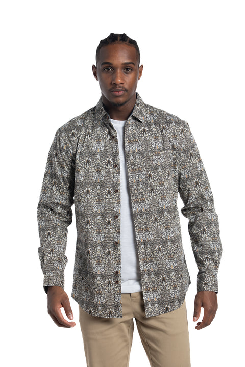 Ankara Floral Poplin Shirt in Mocha