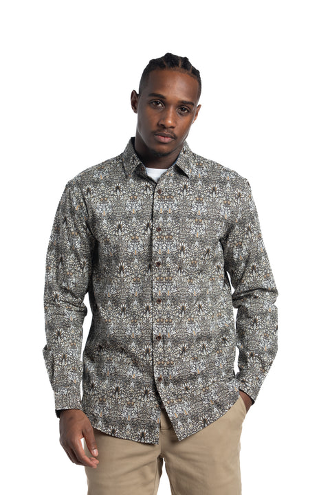 Ankara Floral Poplin Shirt in Mocha