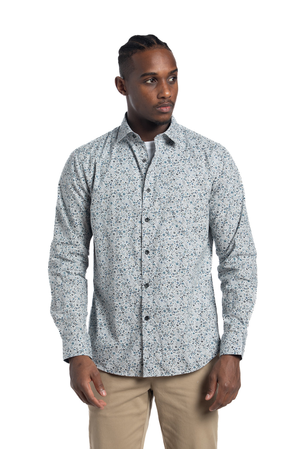 Tirana Poplin Shirt in Light Grey and Stone Blue