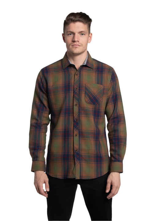 Rossglass Stretch Flannel Shirt in Hunter Green and Copper