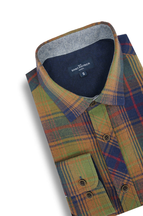 Rossglass Stretch Flannel Shirt in Hunter Green and Copper