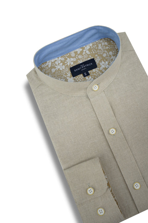 Derrylahan Linen Long Sleeve Shirt in Natural featuring a Mandarin Collar