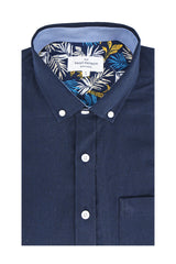 Barton Linen Blend Short Sleeve Shirt in Navy