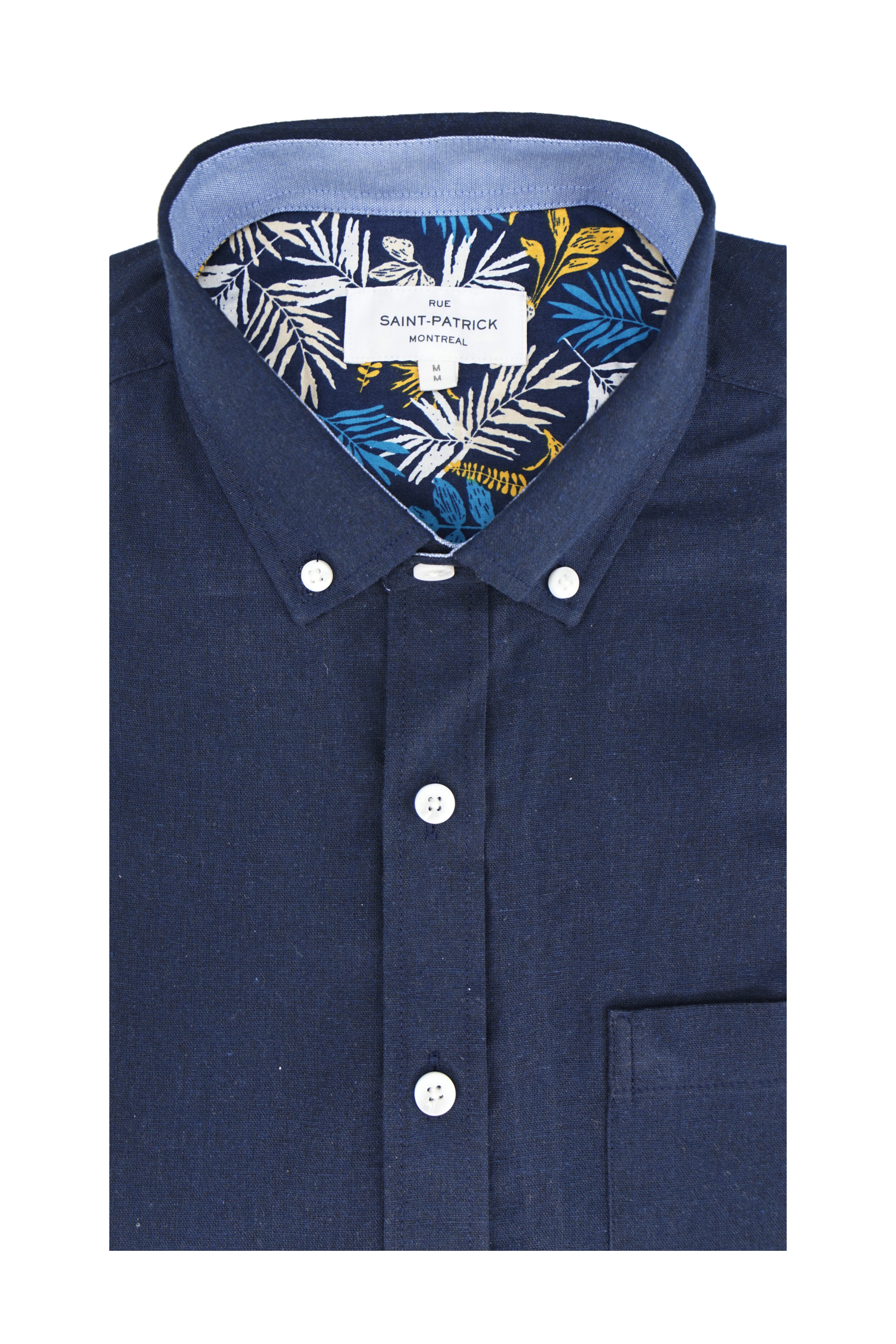 Barton Linen Blend Short Sleeve Shirt in Navy