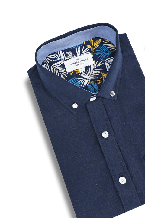 Barton Linen Blend Short Sleeve Shirt in Navy