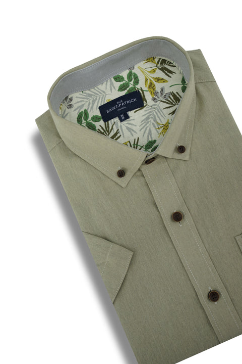 Donington Linen Blend Short Sleeve Shirt in Camouflage Green