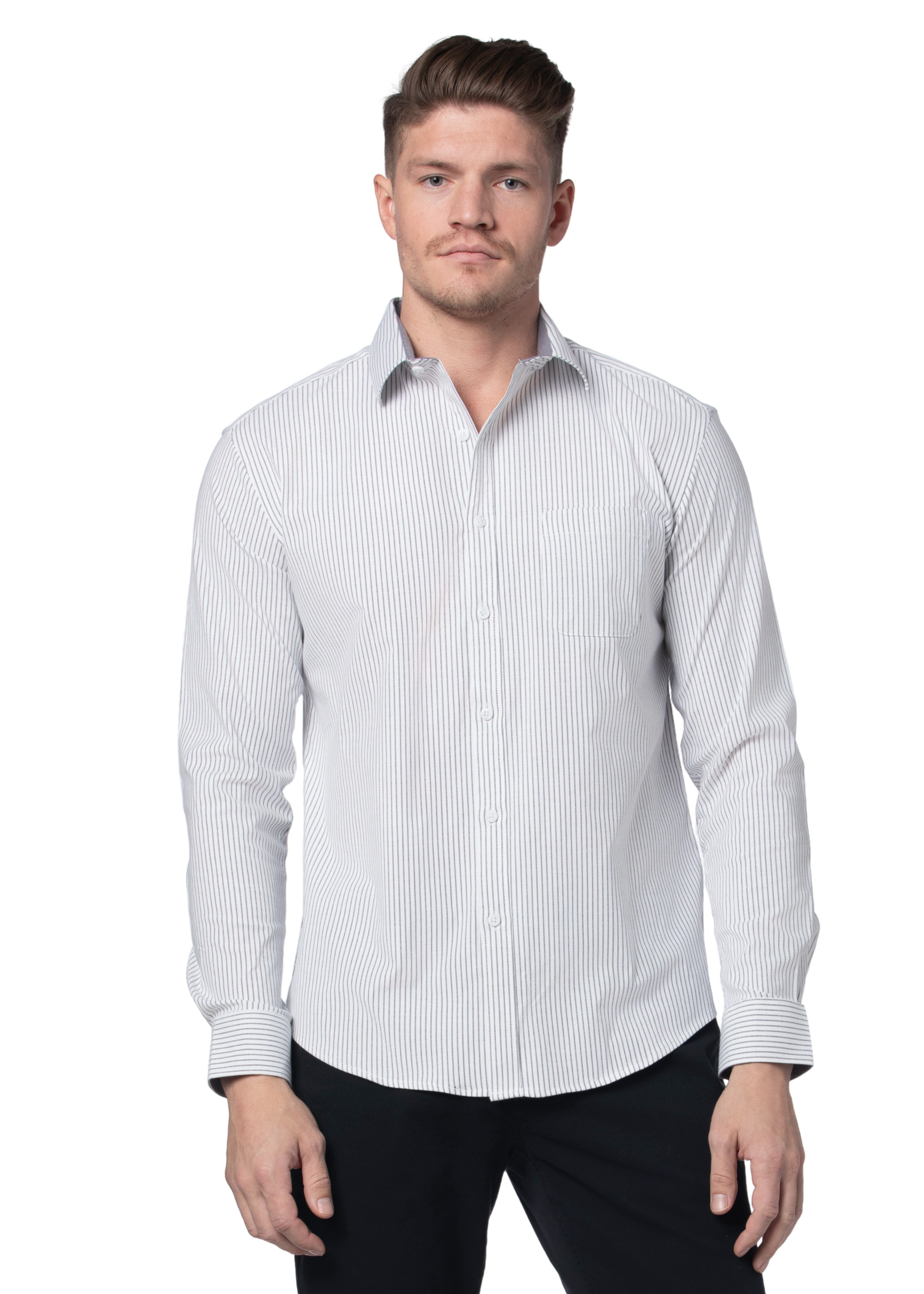 Chemise Oxford extensible à rayures Hillsborough en blanc et gris