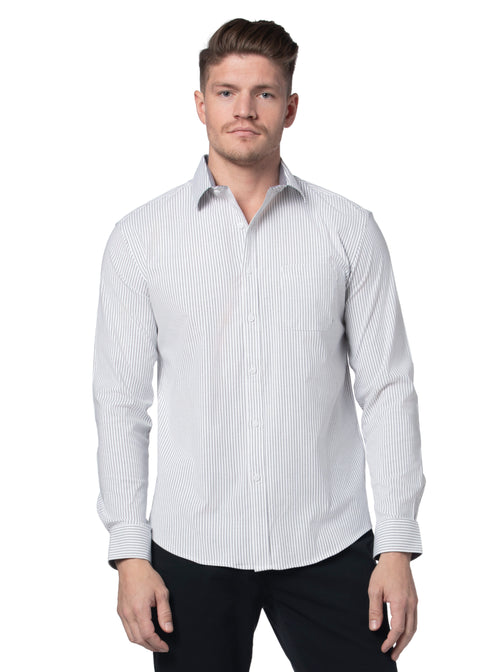 Hillsborough Striped Stretch Oxford Shirt in White and Grey