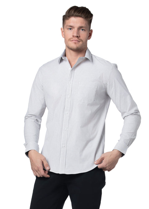 Hillsborough Striped Stretch Oxford Shirt in White and Grey