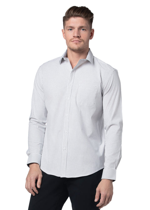 Hillsborough Striped Stretch Oxford Shirt in White and Grey