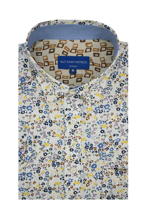 Aquila Floral Short Sleeve Shirt in White and Navy