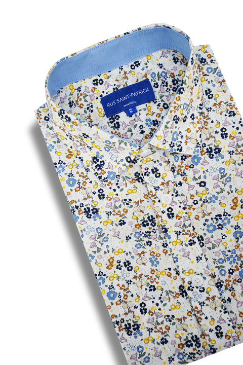 Aquila Floral Short Sleeve Shirt in White and Navy