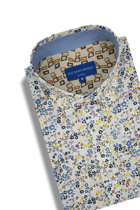Aquila Floral Short Sleeve Shirt in White and Navy