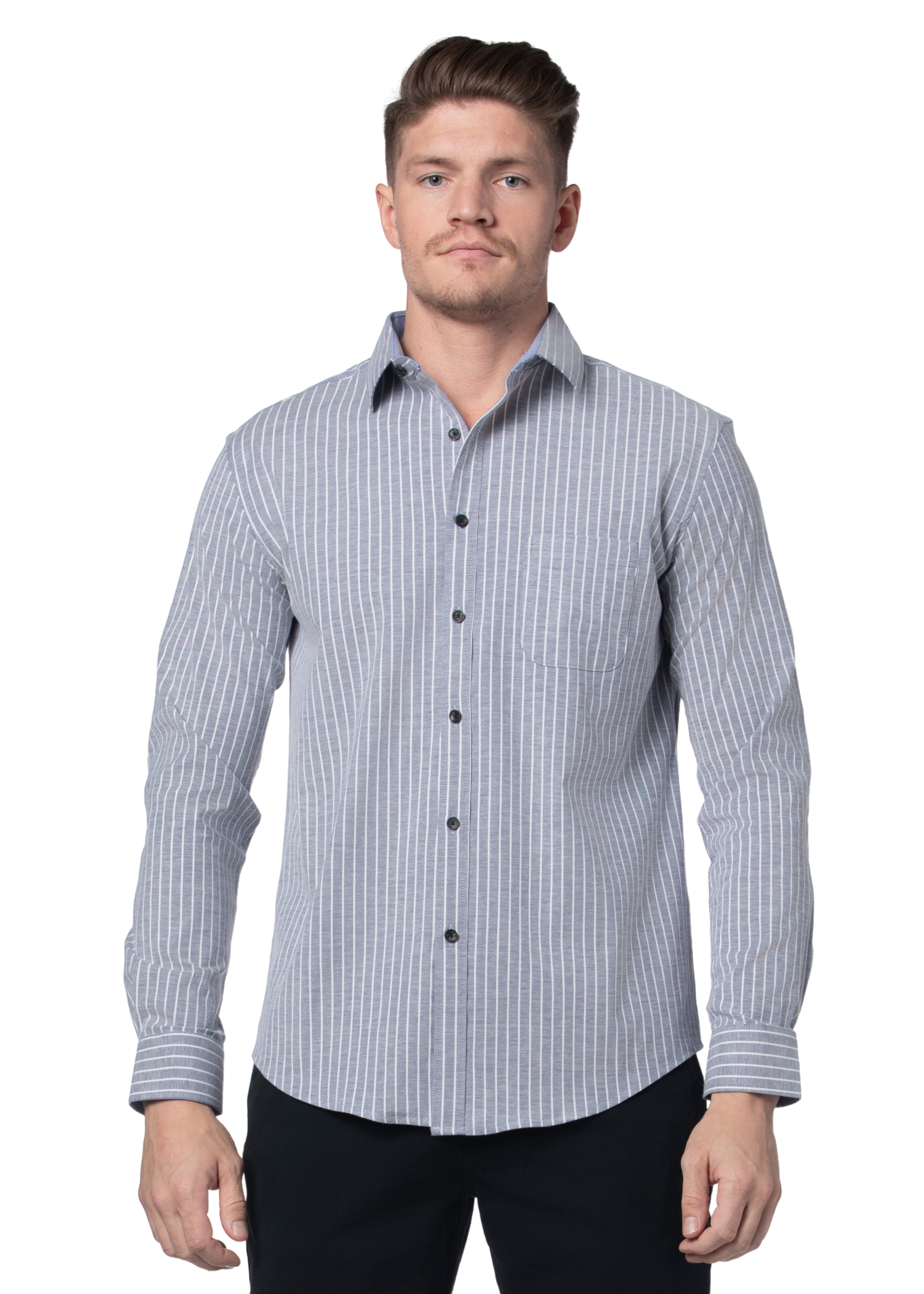 Chemise Oxford stretch rayée Wolverhampton, coloris ardoise et blanc