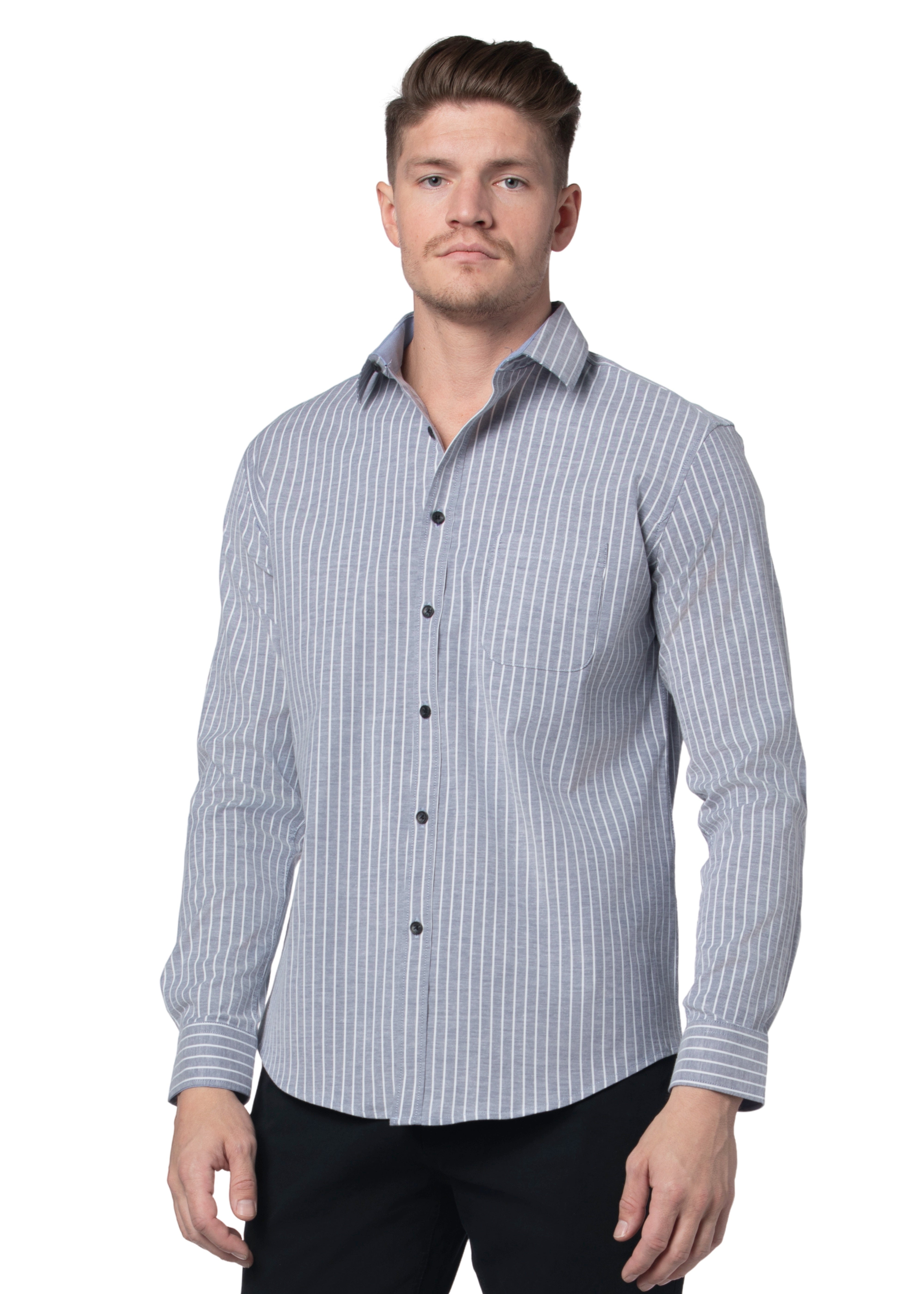 Chemise Oxford stretch rayée Wolverhampton, coloris ardoise et blanc