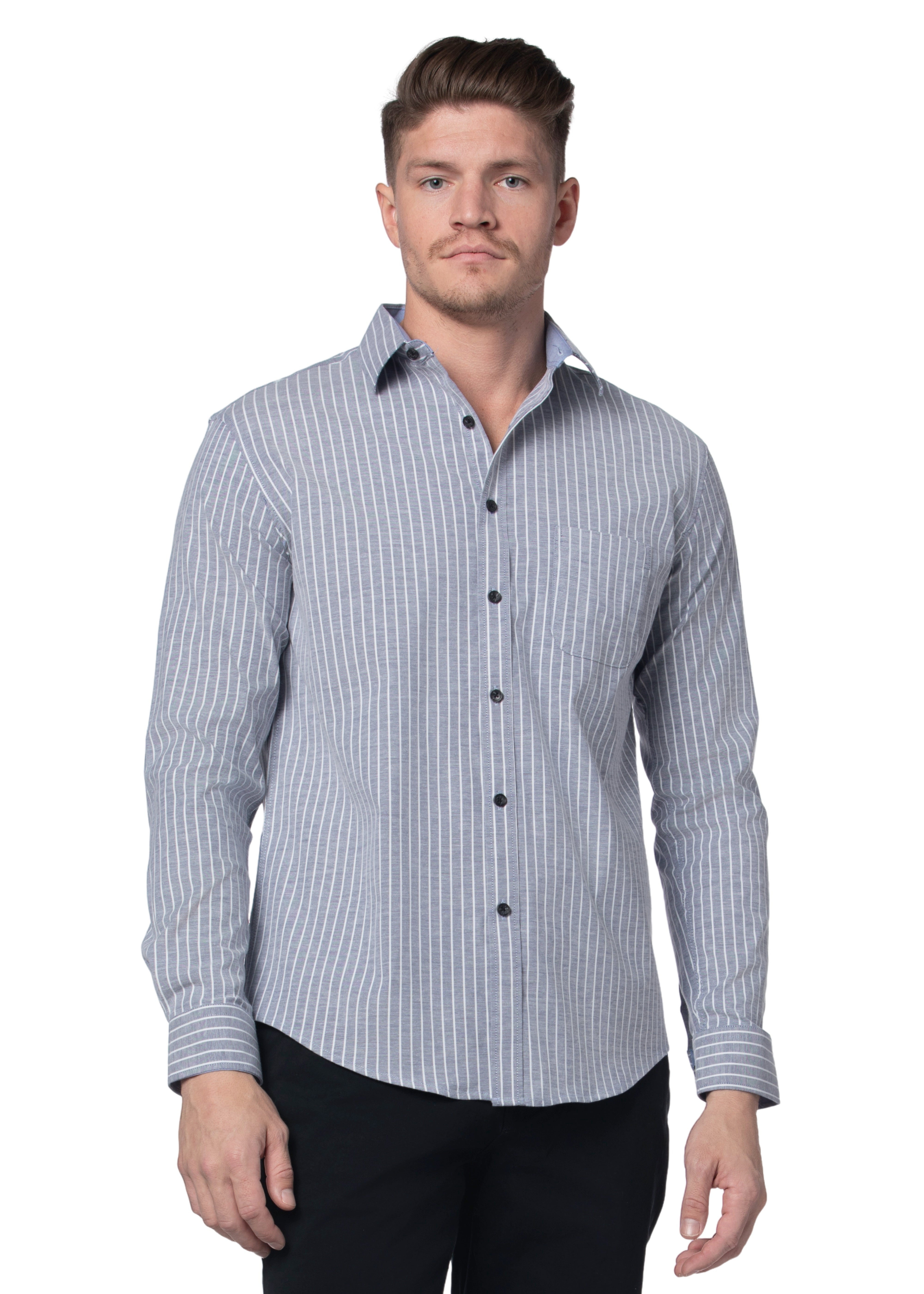 Chemise Oxford stretch rayée Wolverhampton, coloris ardoise et blanc