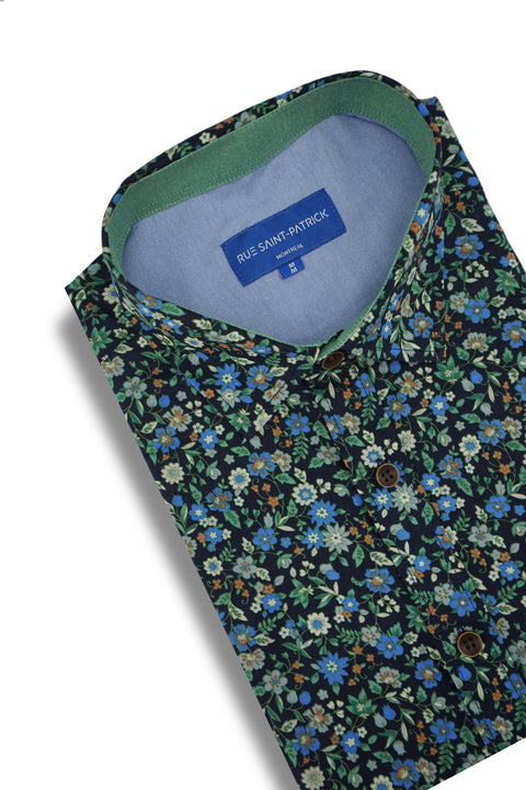 Turin Floral Short Sleeve Shirt in Navy and Emerald Green