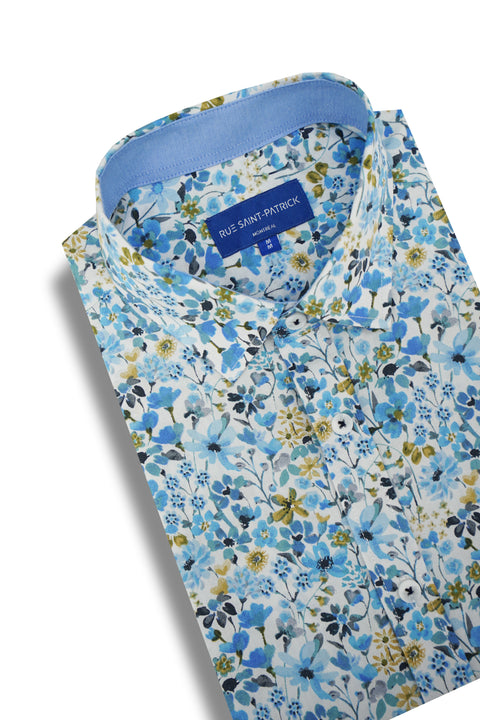 Livorno Floral Short Sleeve Shirt in White and Sky Blue