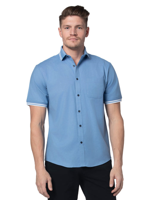 Massa Stretch Easy-Care Short Sleeve Shirt in Cornflower Blue