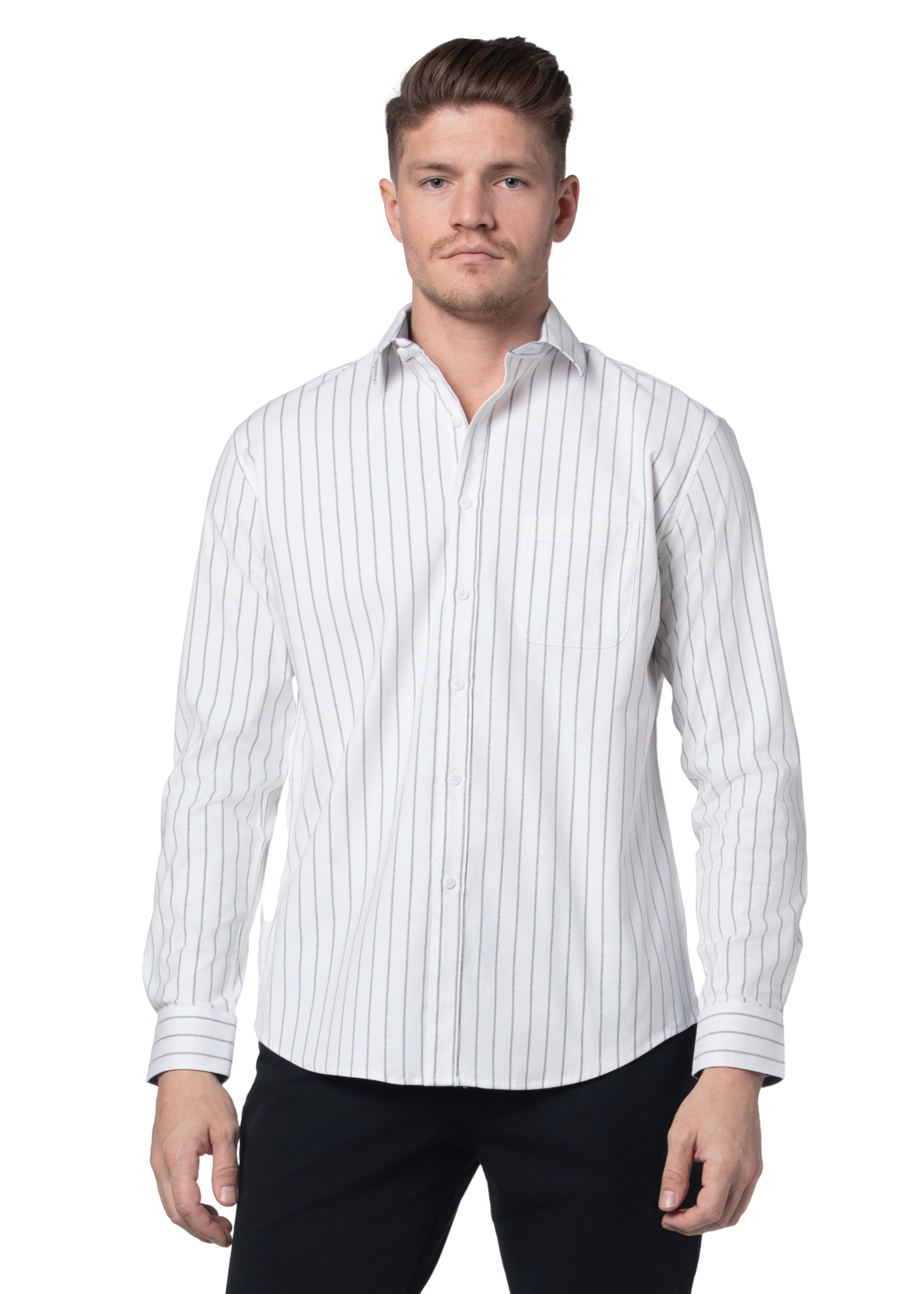 Knightsbridge Striped Stretch Oxford Shirt in White and Grey