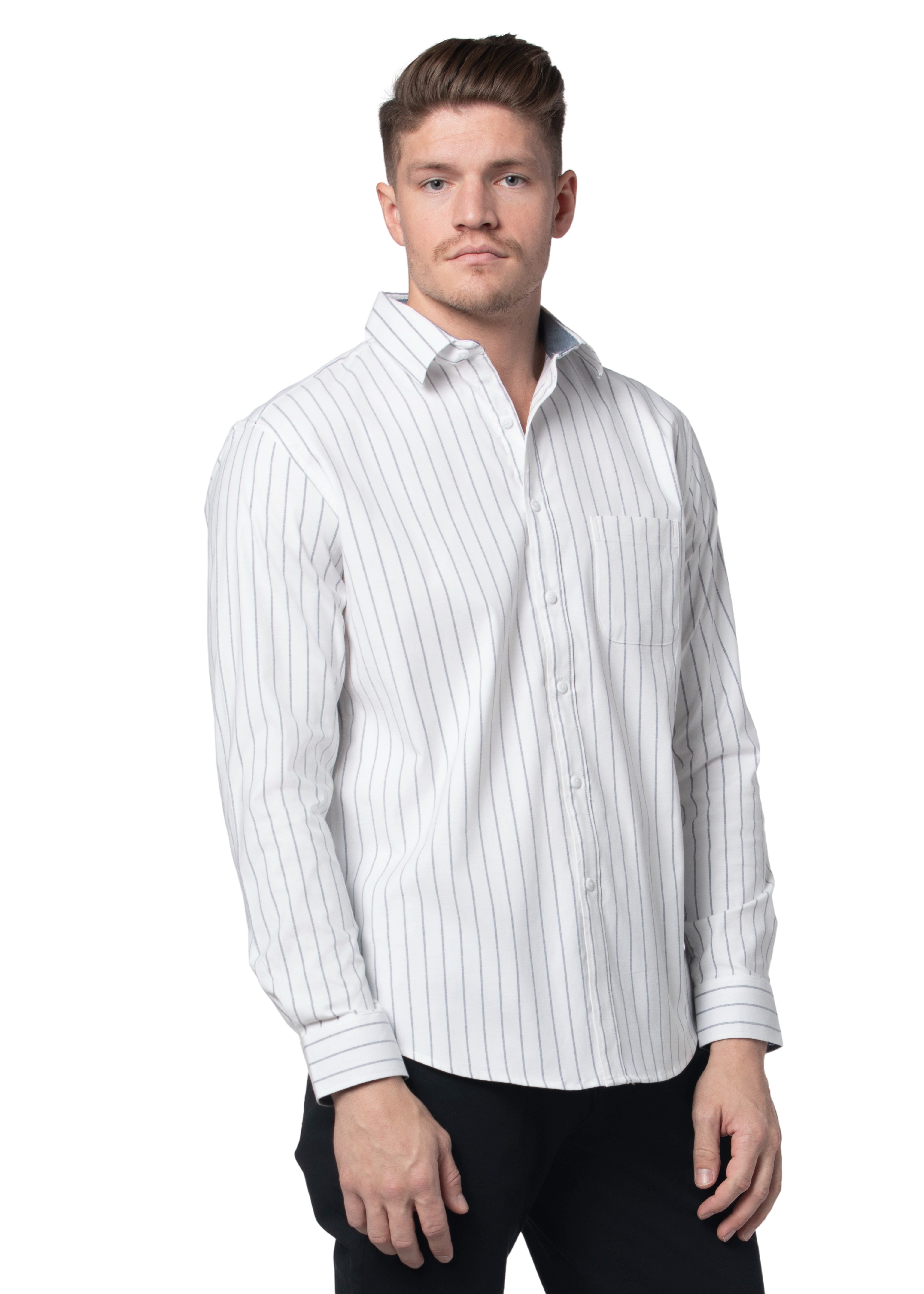 Knightsbridge Striped Stretch Oxford Shirt in White and Grey